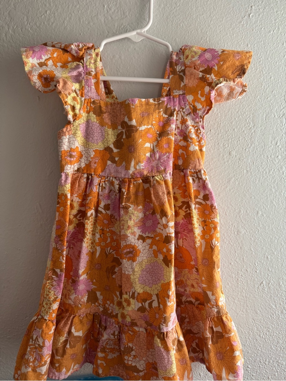 Girls Orange and Pink Floral Flutter-Sleeve Dress
